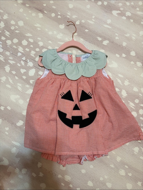 Little Bear Smocks Other - Toddler Orange Pumpkin Jack-O'-Lantern Dress with Green Scallop Collar